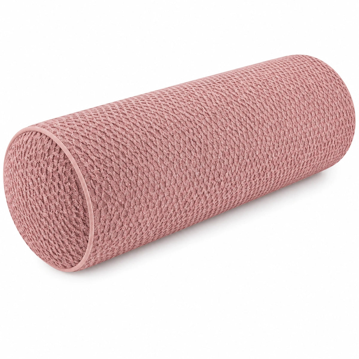 Cuscino cilindrico 15 x 50 cm in tessuto lavorato rosa per decorazione e supporto