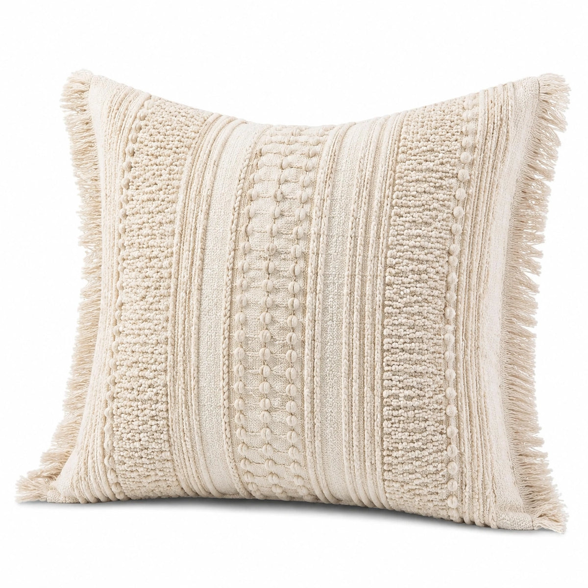 Cuscino decorativo 45 x 45 cm in cotone avorio per soggiorno stile boho con frange