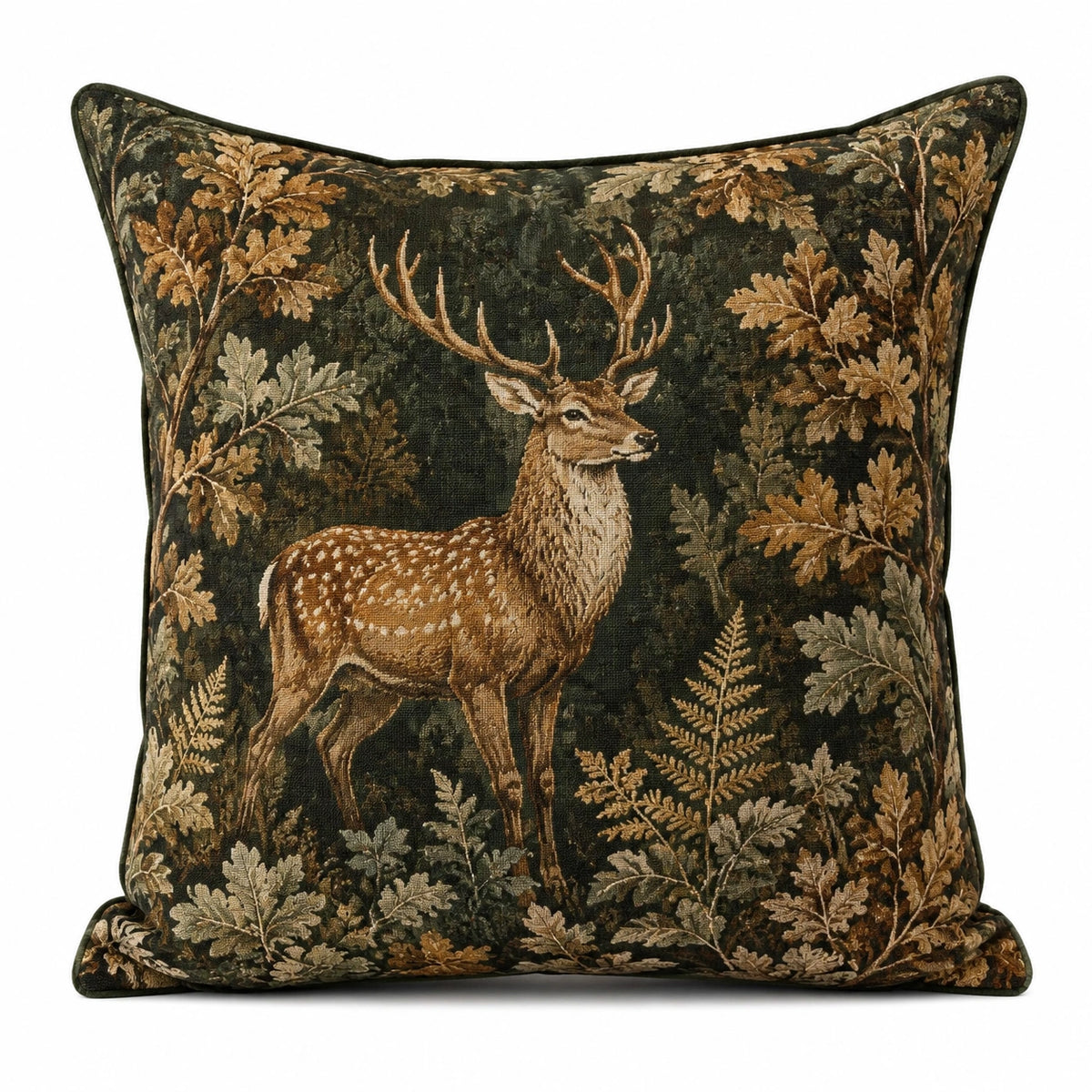 Cuscino decorativo quadrato 45 cm in tessuto verde scuro con cervo stile bosco