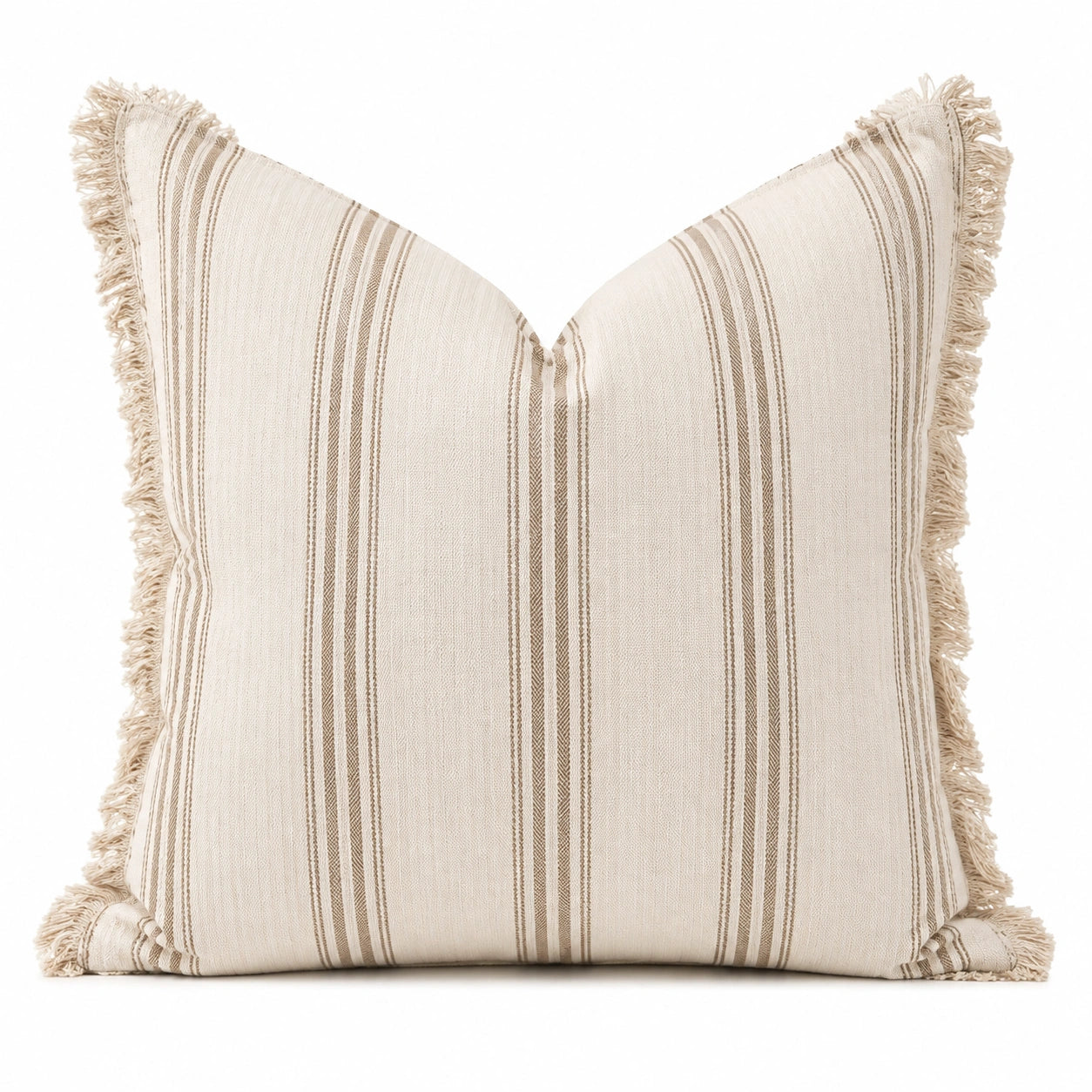 Cuscino decorativo quadrato 45 x 45 cm in tessuto beige a righe con frange
