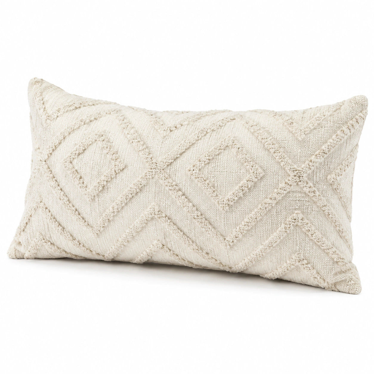Cuscino decorativo rettangolare 50 x 30 cm in tessuto avorio con rilievo geometrico per divano e letto