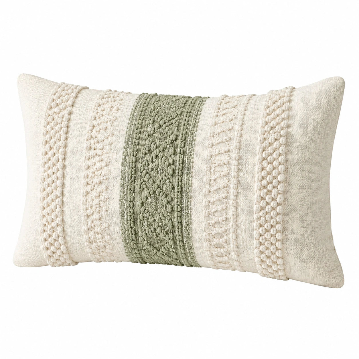 Cuscino decorativo rettangolare 50 x 30 cm in tessuto avorio e verde salvia con texture boho