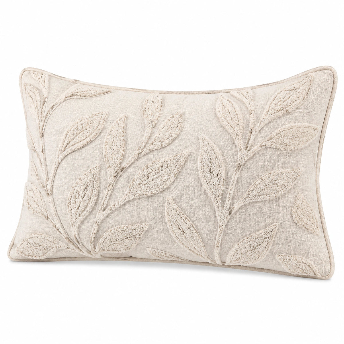 Cuscino decorativo 50 x 30 cm in tessuto beige con ricamo a foglie per divano stile botanico