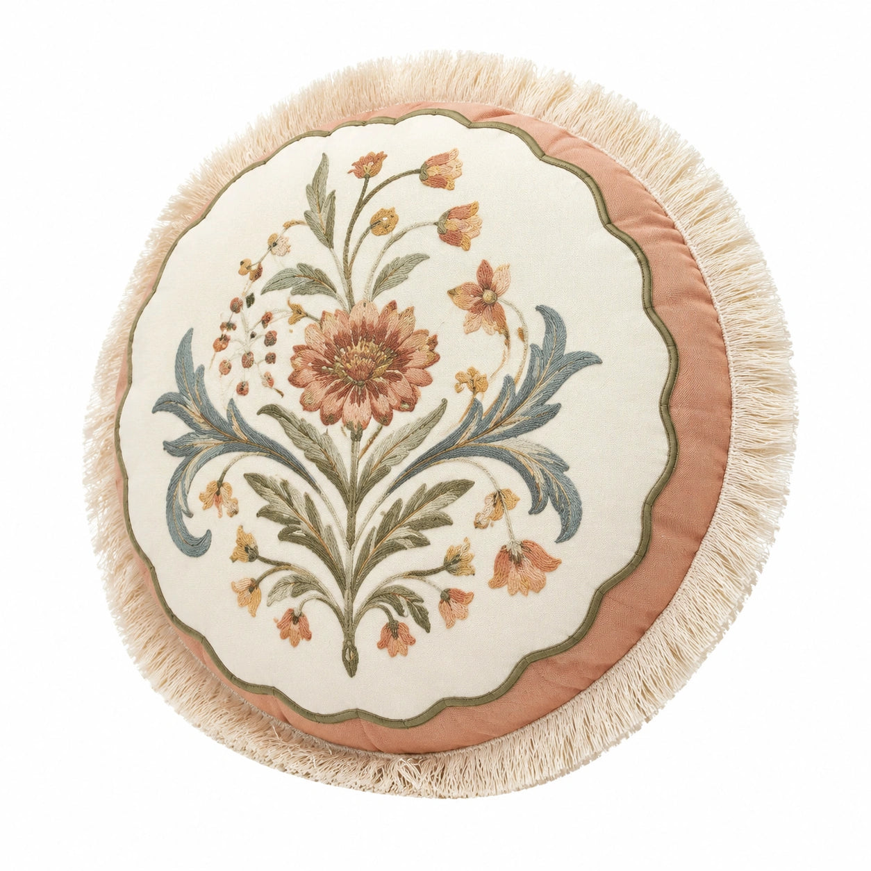 Cuscino decorativo rotondo 45 cm in tessuto beige rosa con ricamo floreale stile romantico