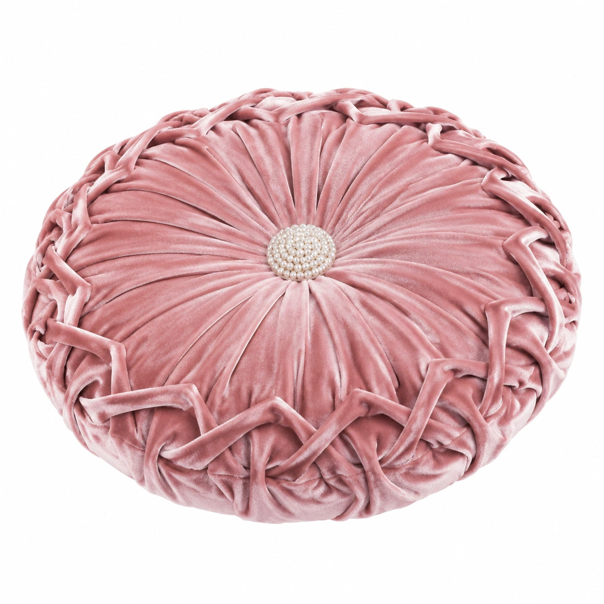 Cuscino decorativo rotondo 40 cm in velluto rosa con pieghe